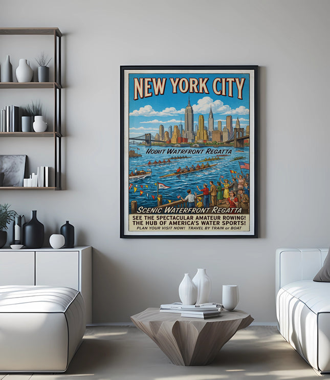 New York City waterfront regatta poster showing skyline and rowing.