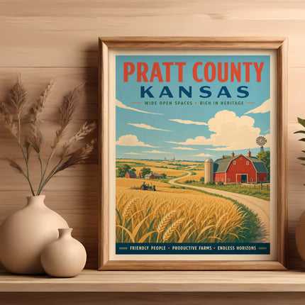 Vintage Pratt County, Kansas travel poster with wheat fields and barn.