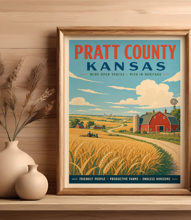 Vintage Pratt County, Kansas travel poster with wheat fields and barn.