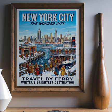 New York City winter ferry travel vintage travel poster.