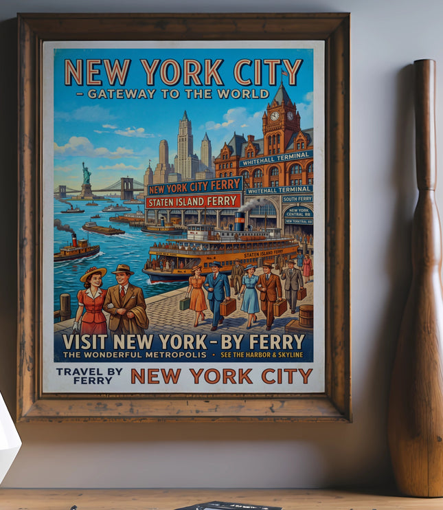 Vintage poster for New York City ferry travel with city skyline, Statue of Liberty, and people.