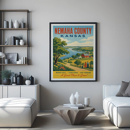 Nemaha County, Kansas vintage travel poster with rural landscape and text.