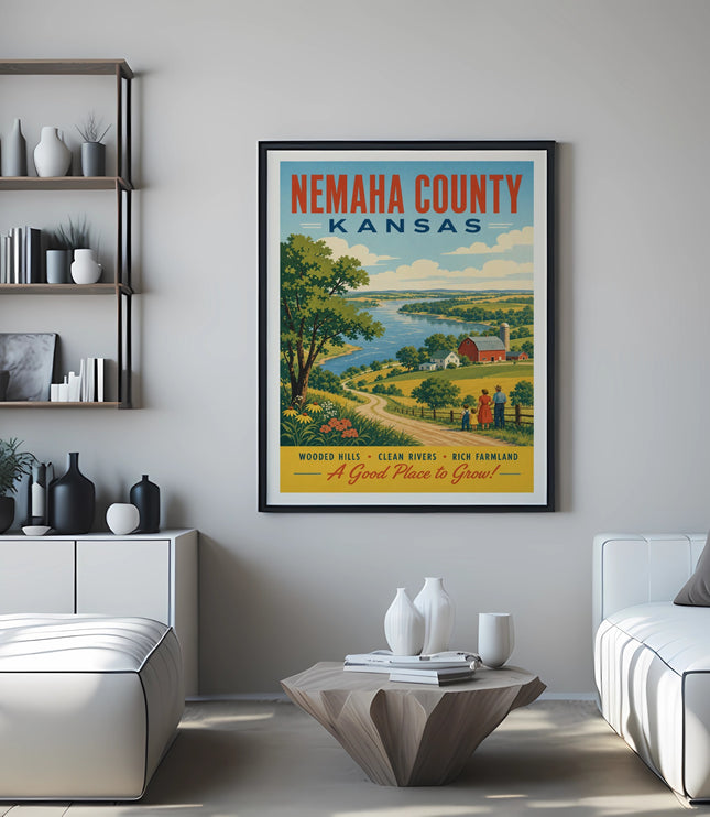 Nemaha County, Kansas vintage travel poster with rural landscape and text.