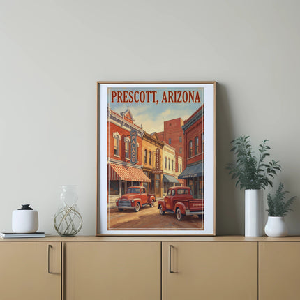 Artwork of Prescott, Arizona street scene with vintage red trucks and saloons.