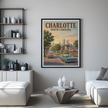 Vintage poster of Charlotte, North Carolina with city skyline, cars, and diner.