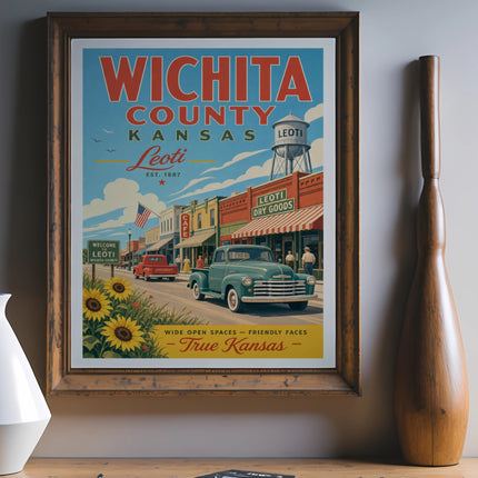 Vintage poster for Wichita County, Kansas, featuring a retro street scene and text.