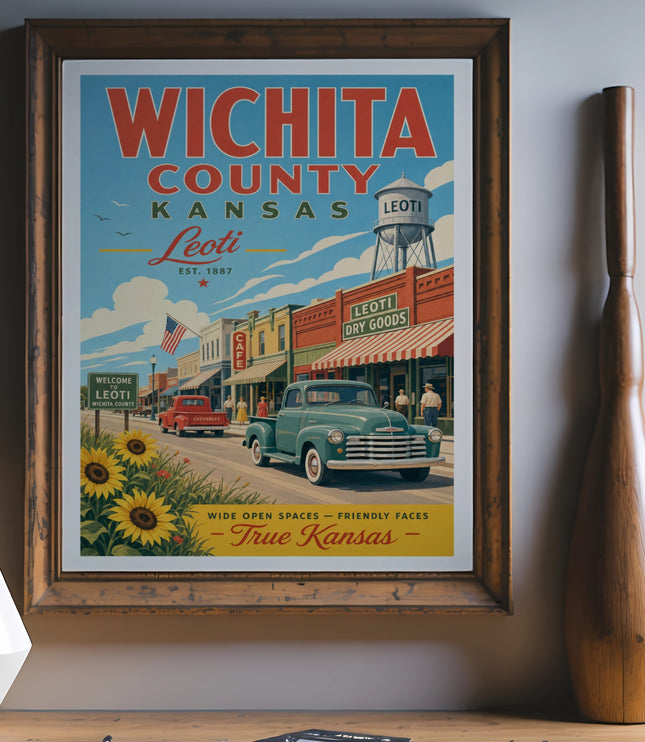 Vintage poster for Wichita County, Kansas, featuring a retro street scene and text.