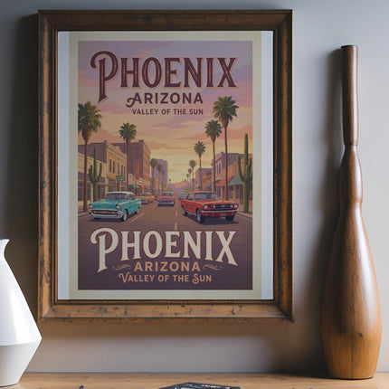 Retro style "Phoenix Arizona Valley of the Sun" poster with classic cars.
