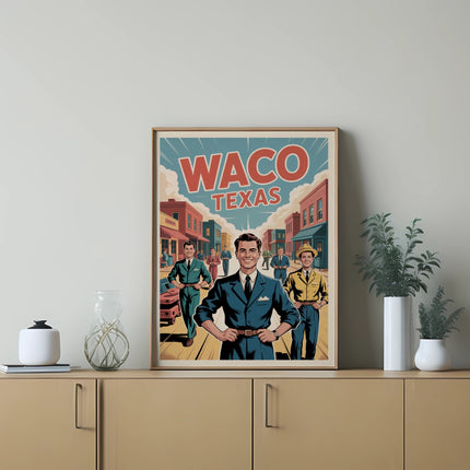 Waco Texas illustration with three businessmen in suits on a street.