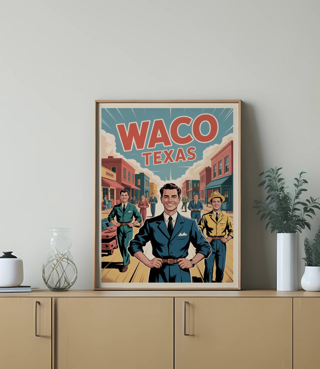 Waco Texas illustration with three businessmen in suits on a street.
