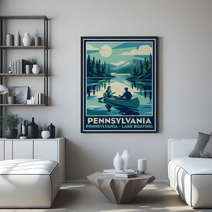 Pennsylvania lake boating poster with two people in a canoe.
