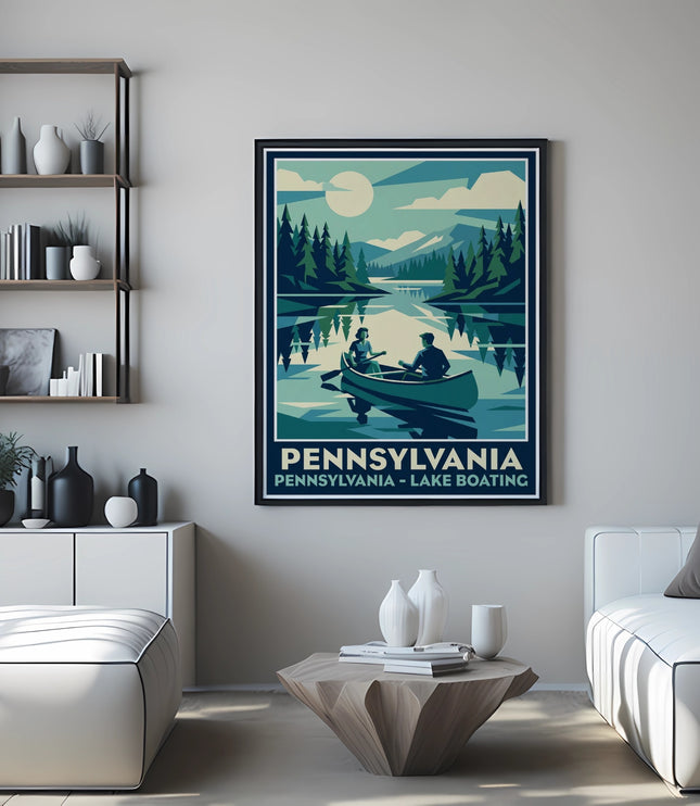 Pennsylvania lake boating poster with two people in a canoe.