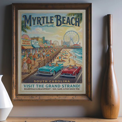 Myrtle Beach South Carolina vintage travel poster featuring boardwalk, Ferris wheel, and cars.