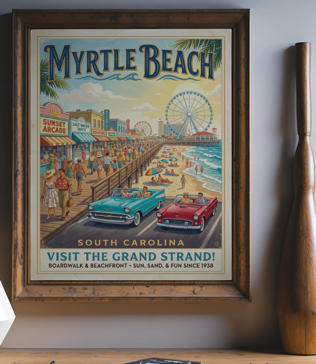Myrtle Beach South Carolina vintage travel poster featuring boardwalk, Ferris wheel, and cars.