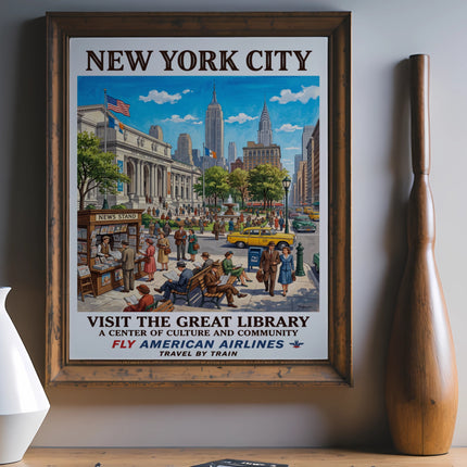 New York City travel poster featuring a library, people, and a yellow taxi.