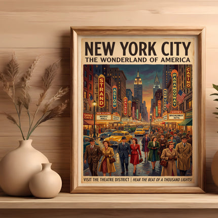 Vintage New York City poster advertising the Theatre District with vintage cars and people.