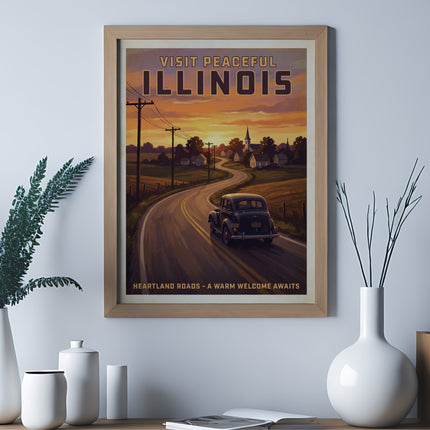 Vintage Illinois travel poster featuring a car on a winding road.