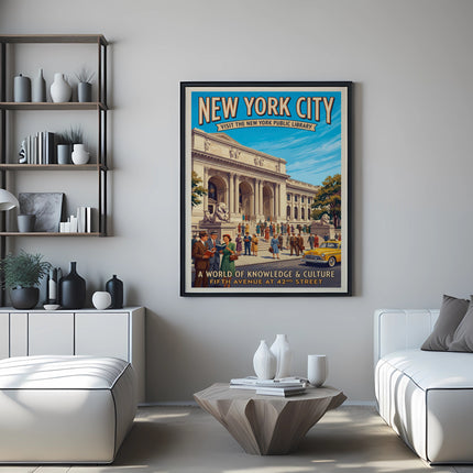 New York City Public Library vintage travel poster with yellow car.