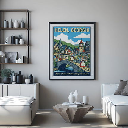 Poster of Helen, Georgia, depicting a Bavarian village with people and a bridge.