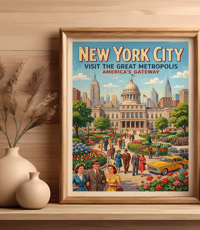Vintage New York City poster showing landmarks, people and flowers.