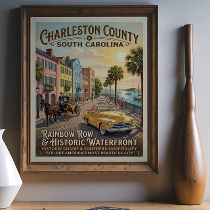 Charleston County South Carolina vintage poster with Rainbow Row and waterfront scene.