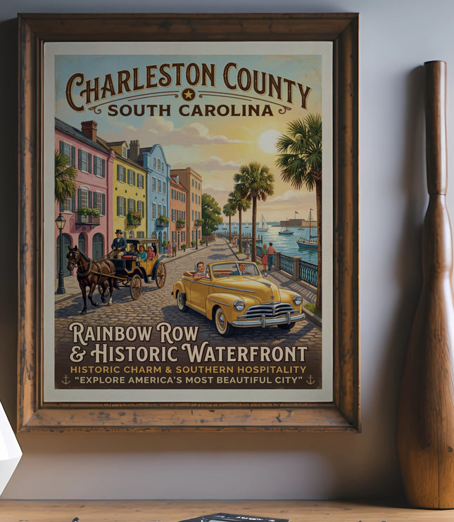Charleston County South Carolina vintage poster with Rainbow Row and waterfront scene.