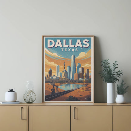 Dallas, Texas skyline art print on a wall above a wooden cabinet.
