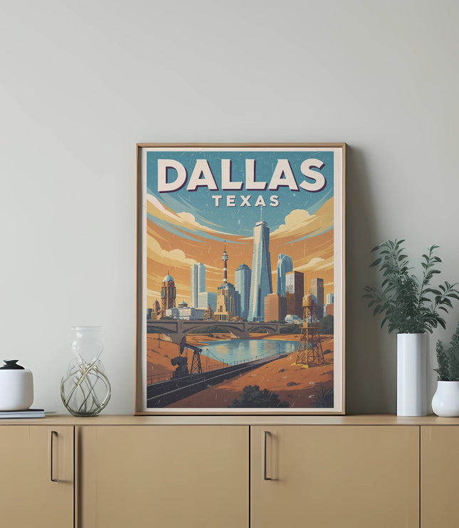 Dallas, Texas skyline art print on a wall above a wooden cabinet.