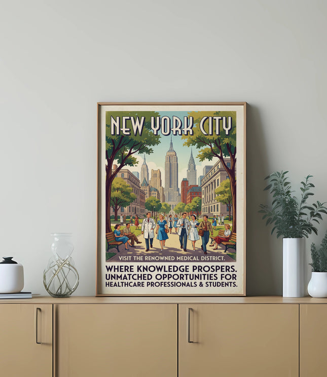 New York City Medical District retro poster featuring healthcare professionals and city skyline.
