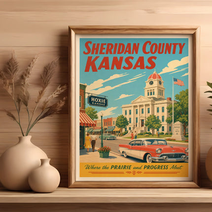 Vintage travel poster for Sheridan County, Kansas, featuring Hoxie and a classic car.
