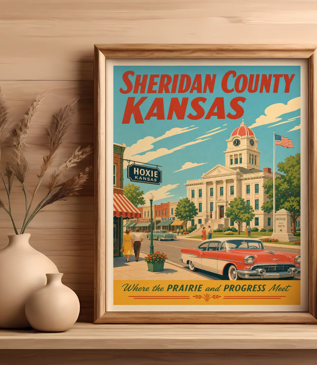 Vintage travel poster for Sheridan County, Kansas, featuring Hoxie and a classic car.