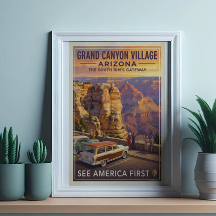 Grand Canyon Village, Arizona poster with vintage cars and people viewing the canyon.