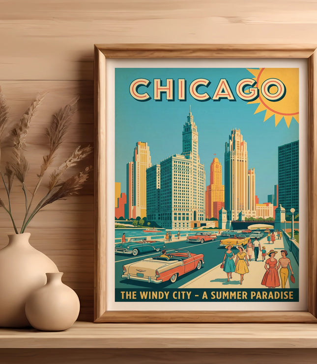Framed vintage Chicago poster showing skyline, cars, and people with text "CHICAGO THE WINDY CITY - A SUMMER PARADISE".