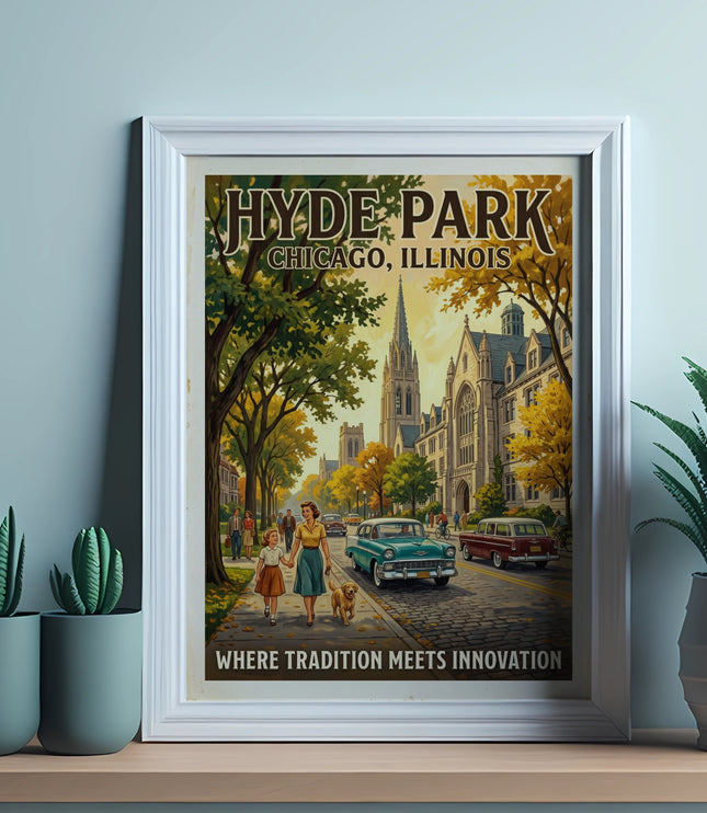 Hyde Park Chicago, Illinois poster with vintage cars and architecture, "Where Tradition Meets Innovation"