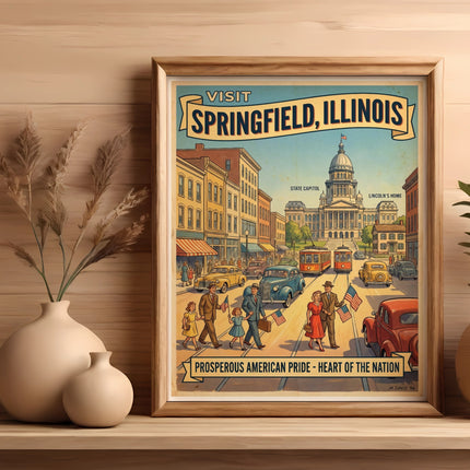 Vintage travel poster for Springfield, Illinois, featuring the State Capitol and Lincoln's Home.