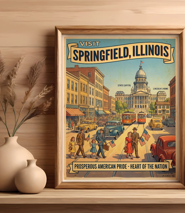 Vintage travel poster for Springfield, Illinois, featuring the State Capitol and Lincoln's Home.