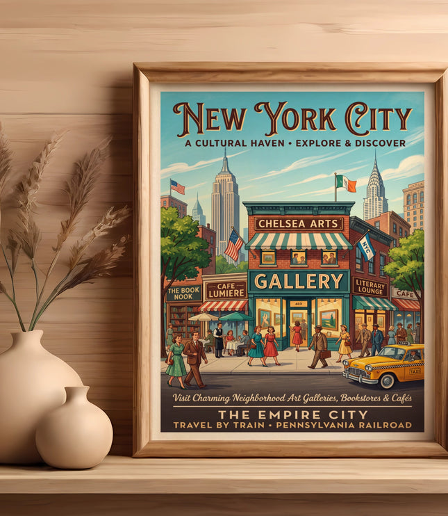New York City vintage travel poster featuring skyscrapers, art galleries, and yellow taxi.