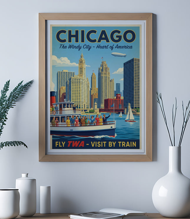 Vintage Chicago travel poster featuring city skyline, boat, and text "FLY TWA - VISIT BY TRAIN".