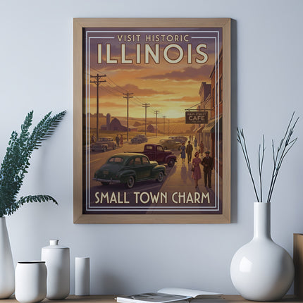 Vintage Illinois travel poster with a small town street scene and cars.