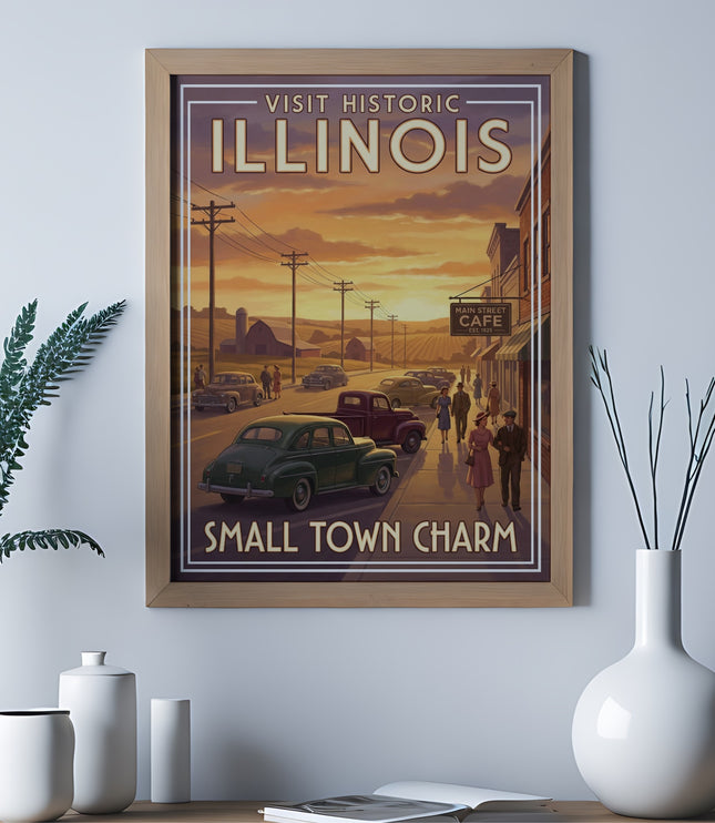 Vintage Illinois travel poster with a small town street scene and cars.