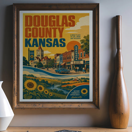 Poster for Douglas County, Kansas, highlighting Lawrence and its attractions.