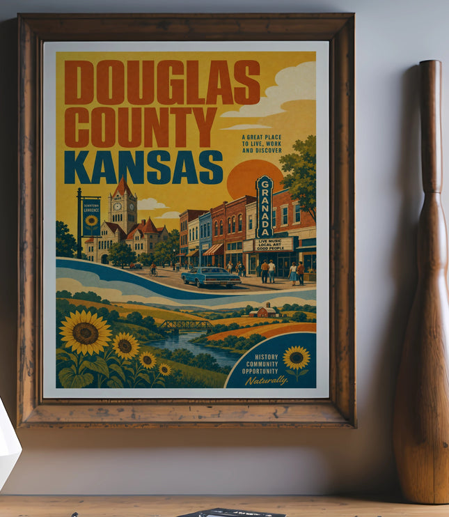 Poster for Douglas County, Kansas, highlighting Lawrence and its attractions.