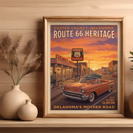 Route 66 Heritage poster with Clinton's Diner, classic car, and sunset.