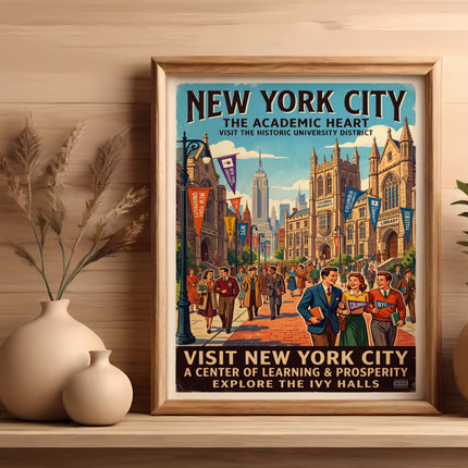 New York City academic district vintage poster with ivy league university buildings and people.