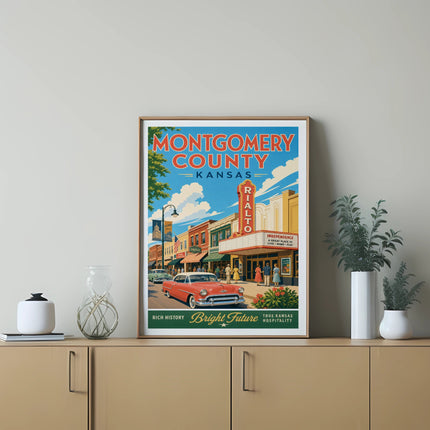 Vintage poster for Montgomery County, Kansas featuring the Rialto theater and classic car.
