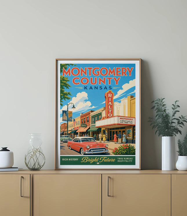 Vintage poster for Montgomery County, Kansas featuring the Rialto theater and classic car.