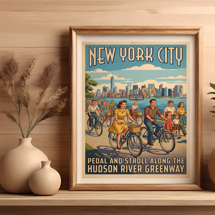 New York City poster with people biking on the Hudson River Greenway.