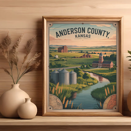 Framed artwork depicting Anderson County, Kansas landscape with silos and river.