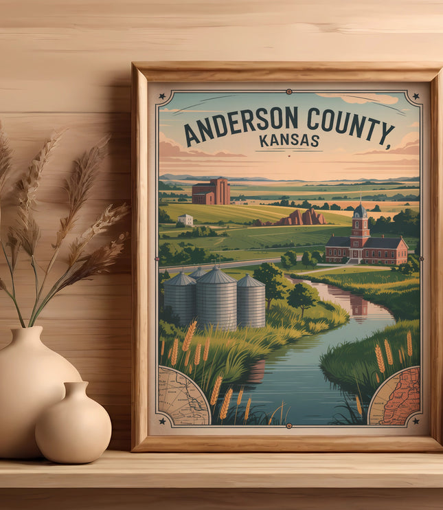 Framed artwork depicting Anderson County, Kansas landscape with silos and river.