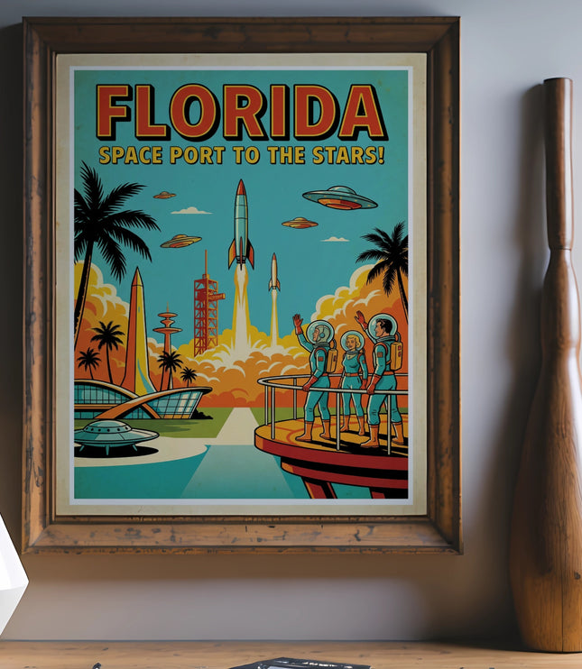 Vintage Florida Space Port to the Stars retro poster with rockets and astronauts.
